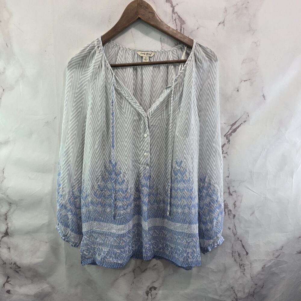 Lucky Brand Shirt Womens Small Blue White Peasant Blouse Long Sleeve Popover